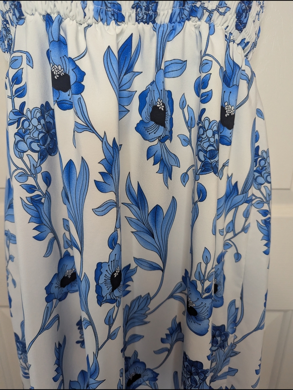 Blue White Floral Smocked Maxi Dress Tie Shoulder Strap Summer Beach Sun Dress L - Picture 4 of 11